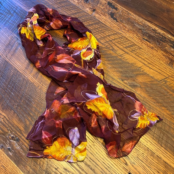 Russet Red and Gold Floral Print Silky Sheer Scarf - Picture 1 of 5